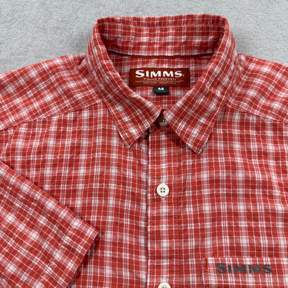 Simms Fishing Products Shirt Mens Medium Red Plaid Short Sleeve Outdoors Casual